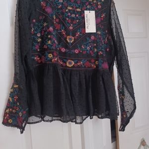 Allison NY NWT Boho Sheik Embroidered Peasant Blouse NWT black M